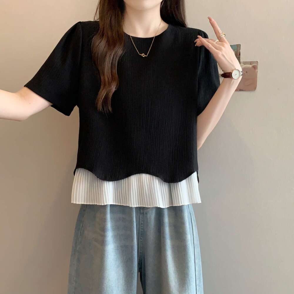 Plus Size Gentle Ruffled Patchwork Short Sleeve T-Shirt For Women Summer New Korean Style Regular Shoulder Design Niche Top B5 h7