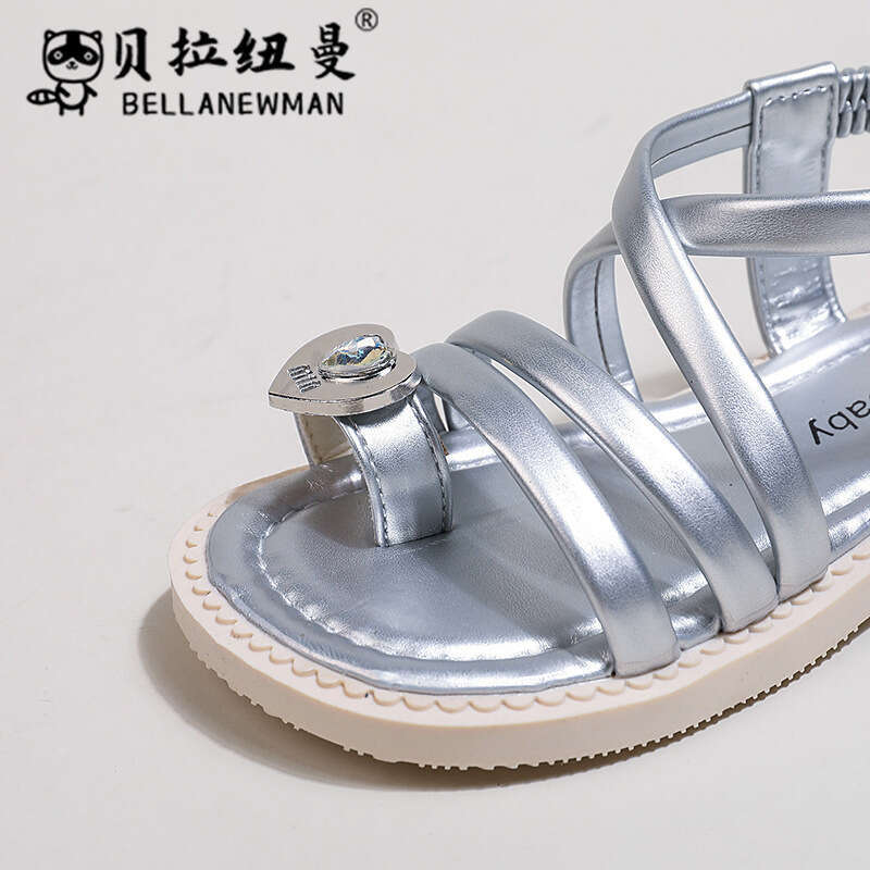 Bella Newman Girls' Toe Ring 2024 Summer New Children's Rhinestone Fashion Princess Sandals Beach Shoes