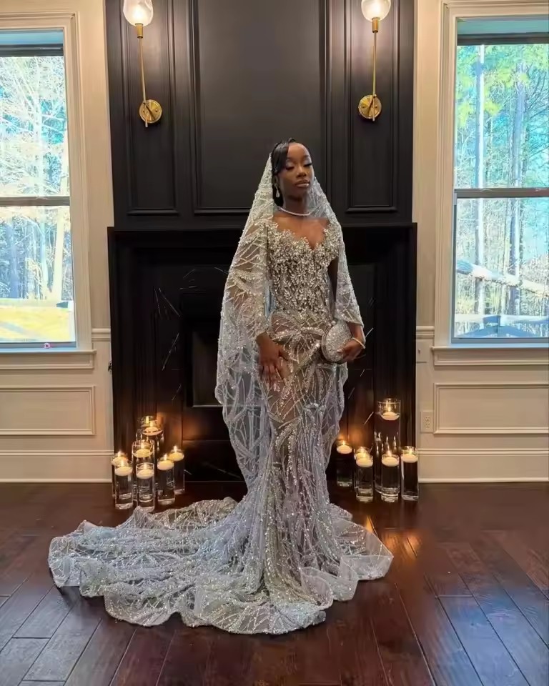 Vintage Silver Lace Mermaid Prom Dresses With Veil 2025 Sparkle Formal Bridal Party Illusion Lace Evening Gown Customized