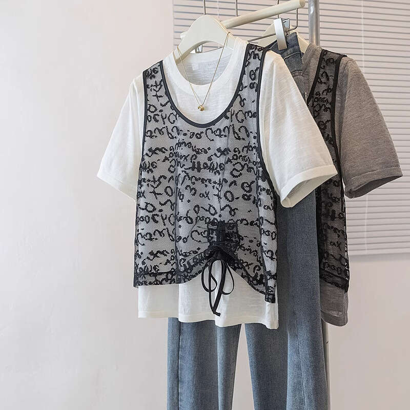 High-End Feel Plus Size Fake Two-Piece Lace Patchwork Short Sleeve T-Shirt For Women Summer Design Loose Casual Drawstring Top B5