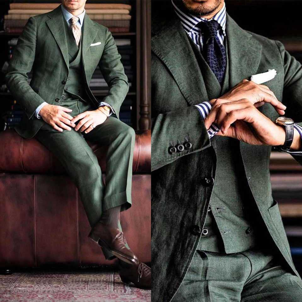 Green 3 Pieces Customized Men Suits Notched Lapel Single Button Jacket Blazers Classic Slim Evening Party Show Wear