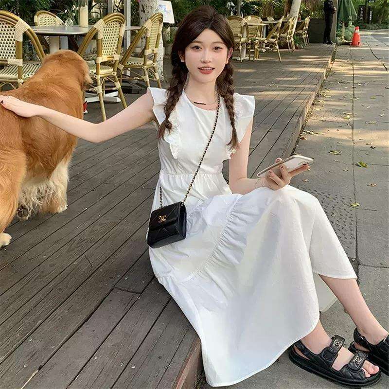 French Style Small Flutter Sleeve Vest High-End Gentle First Love Waist-Cinching Super Fairy Sweet Purple Long Dress For Summer Women B5