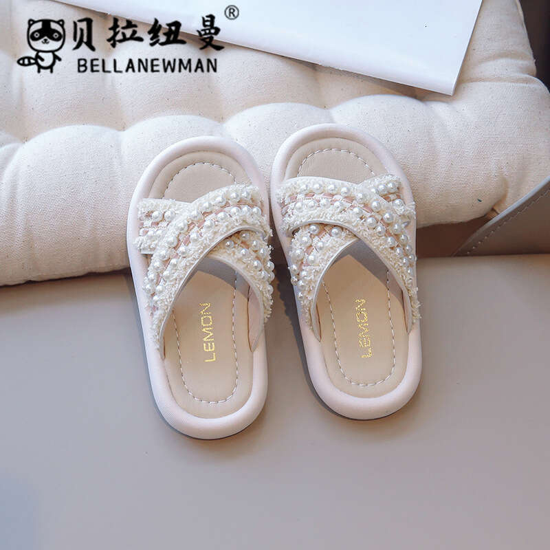 Choice Hot-Selling Children's Fashion 2025 Summer New Girls' Cross Pearl Flat Slippers