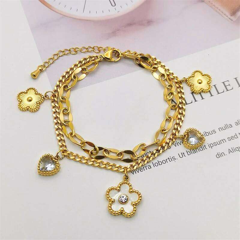 Kuziduocai Statement 316L Stainless Steel 2025 New Fashion Jewelry Zircon Seashell Heart Flowers Charm Chain Bracelets For Women