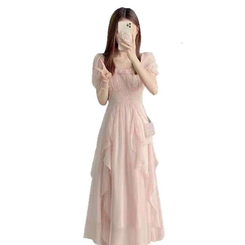 French Style Square Neck Sweet Gentle Fairy For Women Summer New Waist Slimming Mid-Length Dress B5