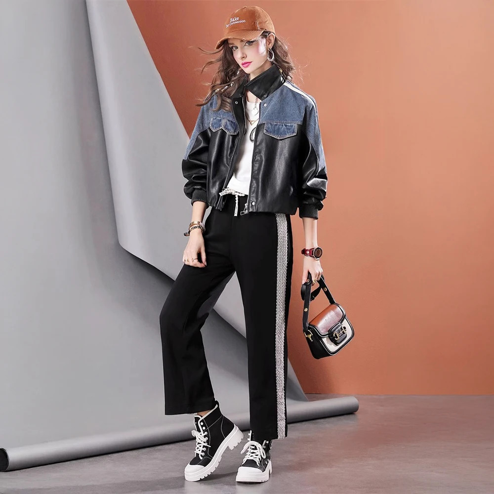 Autumn PU leather patchwork short loose long-sleeved womens denim jacket 250708
