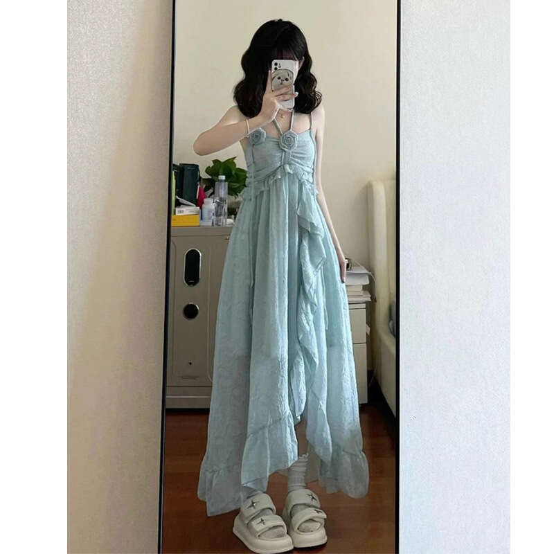 French Style Halter Neck Strap For Women Summer Vacation Beach Elegant Green Ruffle Long Dress B5