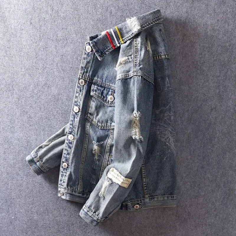 Denim Jackets Man with Embroidery Ripped Cowboy Coat for Men Hole Oversize Autumn Joker Low Price of Fabric Size L Clothing Rock 250704