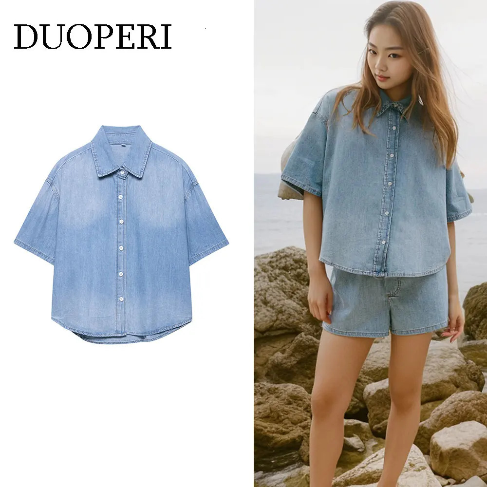 DUOPERI Women 2025 Summer Fashion Denim Blue Blouse Lapel Neck Short Sleeves Female Elegance Chic Lady Casual Shirts 250704