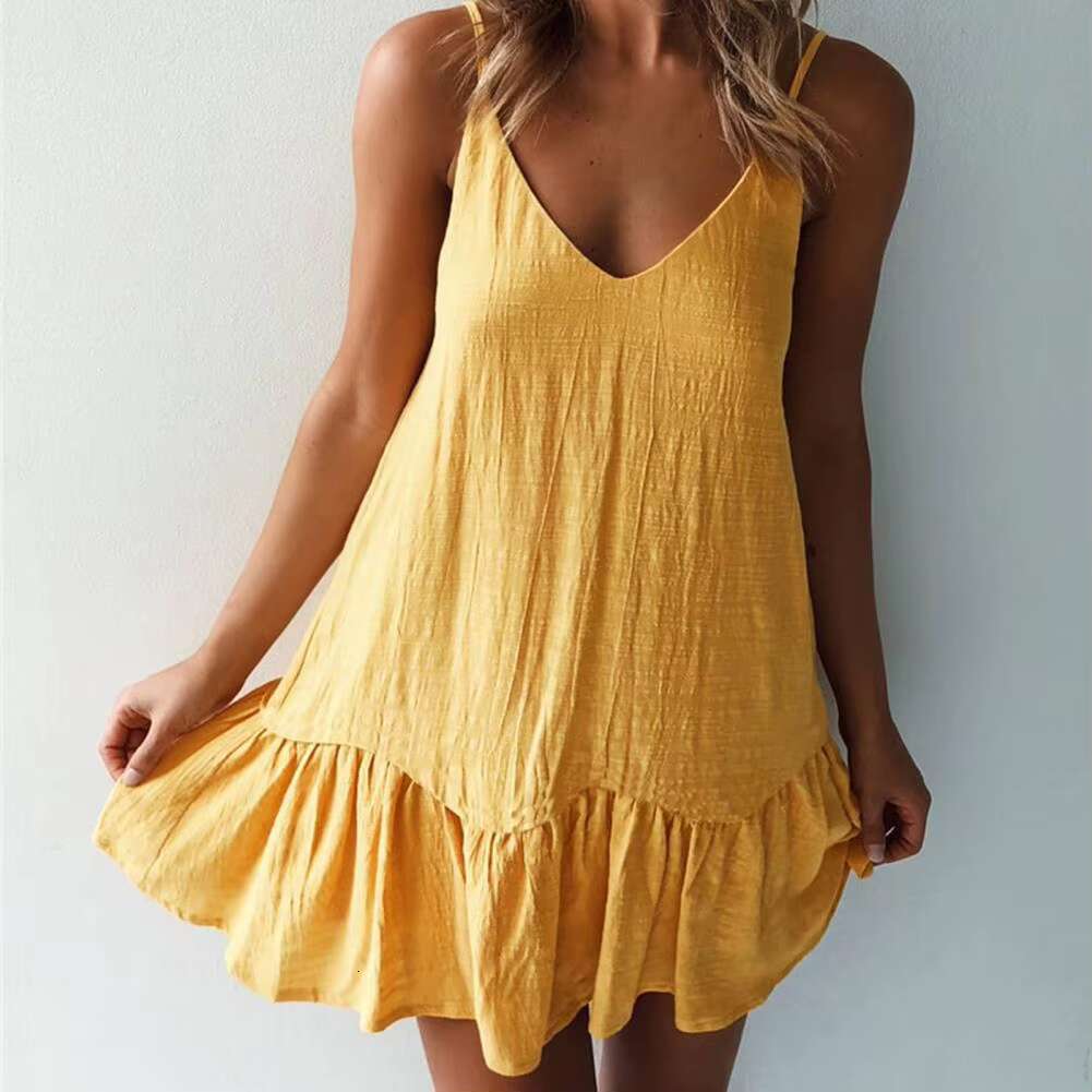 V Neck Summer for Dating Dress Solid Color Flounce Edge Spaghetti Strap Women Party Dresses dongdumaoyi