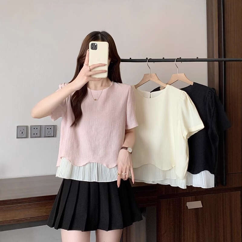 Plus Size Gentle Ruffled Patchwork Short Sleeve T-Shirt For Women Summer New Korean Style Regular Shoulder Design Niche Top B5