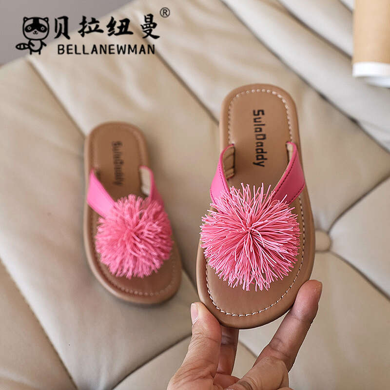 SHEIN Niche Design Furry Ball Flip-Flops 2025 Summer New Korean Style Girls' Fashion Lightweight Sandals