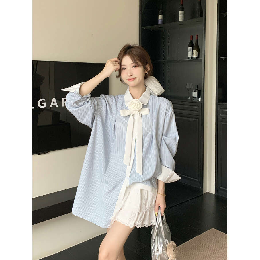 Blue Striped For Women Spring Summer Patchwork Loose Slimming Shirt Sun Protection Jacket Hong Kong Style Chic Top B5