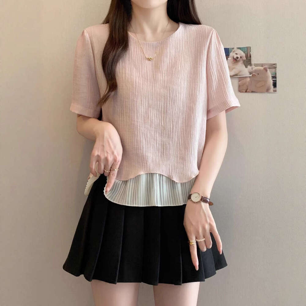 Plus Size Gentle Ruffled Patchwork Short Sleeve T-Shirt For Women Summer New Korean Style Regular Shoulder Design Niche Top B5 h7