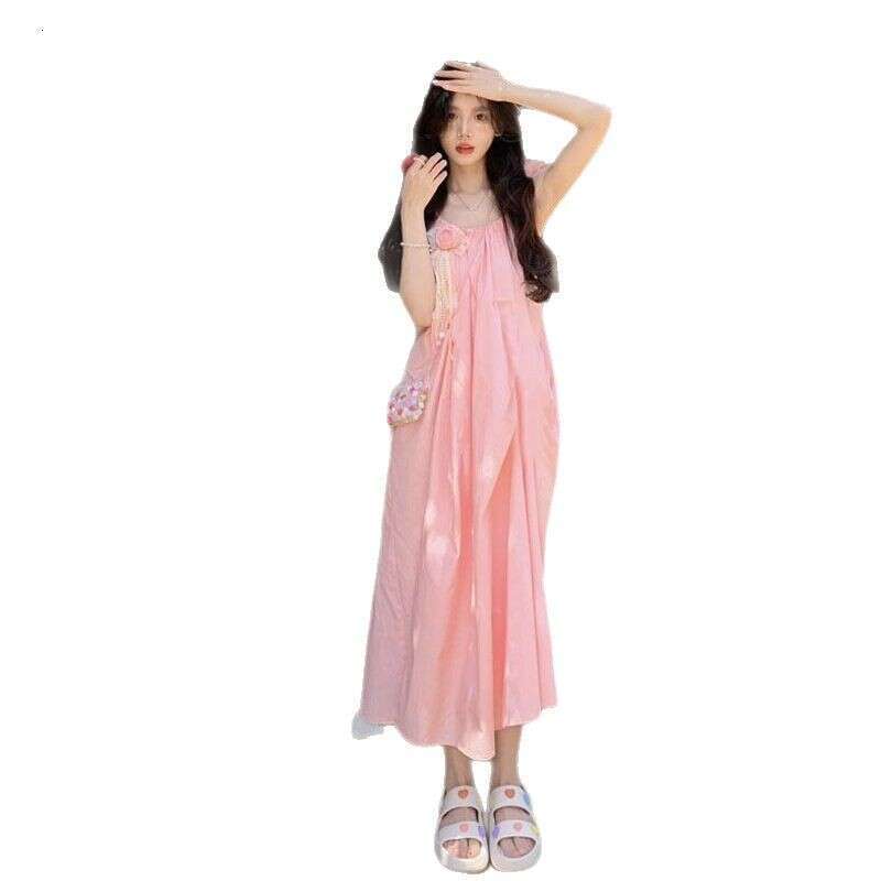Pink French Tea Break Strap For Women, Sweet And Gentle Summer Style, Beach Vacation Long Dress B5