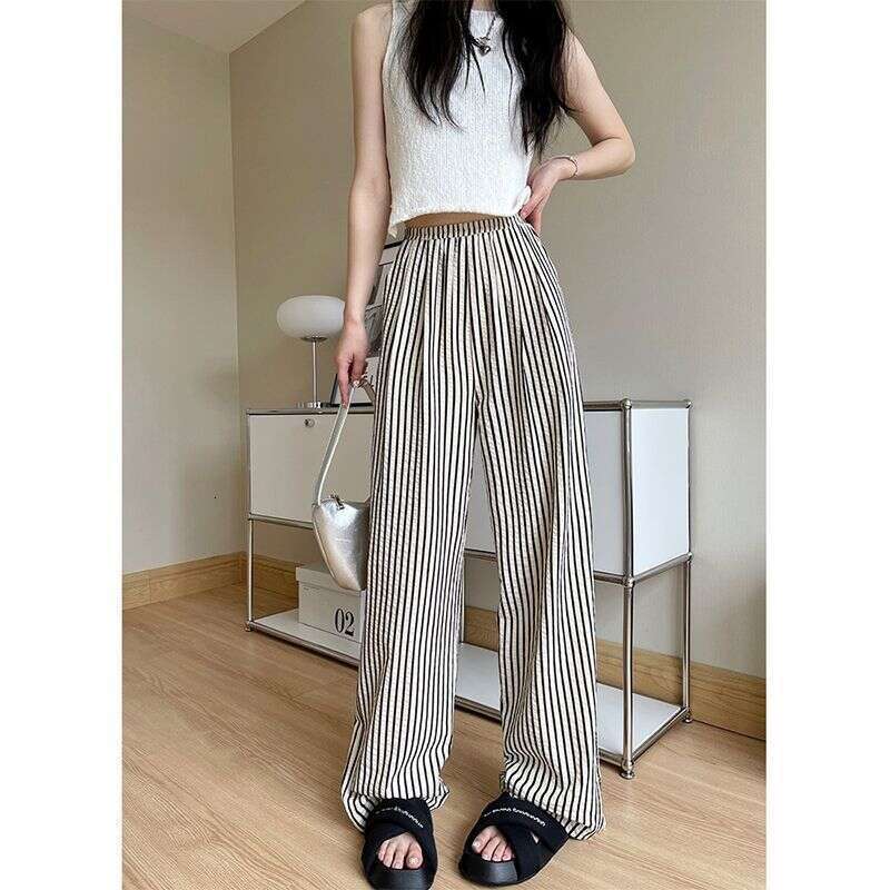 Striped Lazy Casual For Women, Summer Thin Style, Plus Size Loose Fit, Slimming Pear Shape Body, Draped Wide Leg Pants B5