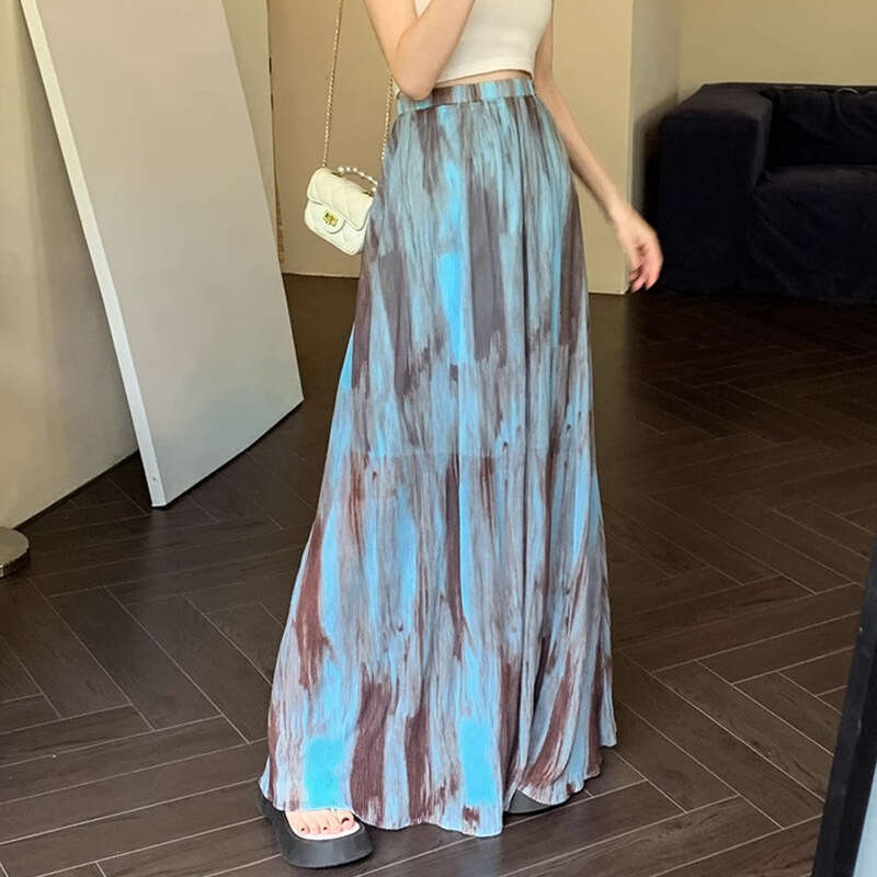 Summer Ink Wash Pleated Midi For Women, Slim Fit High Waist Draped Loose Flared Long Skirt B5