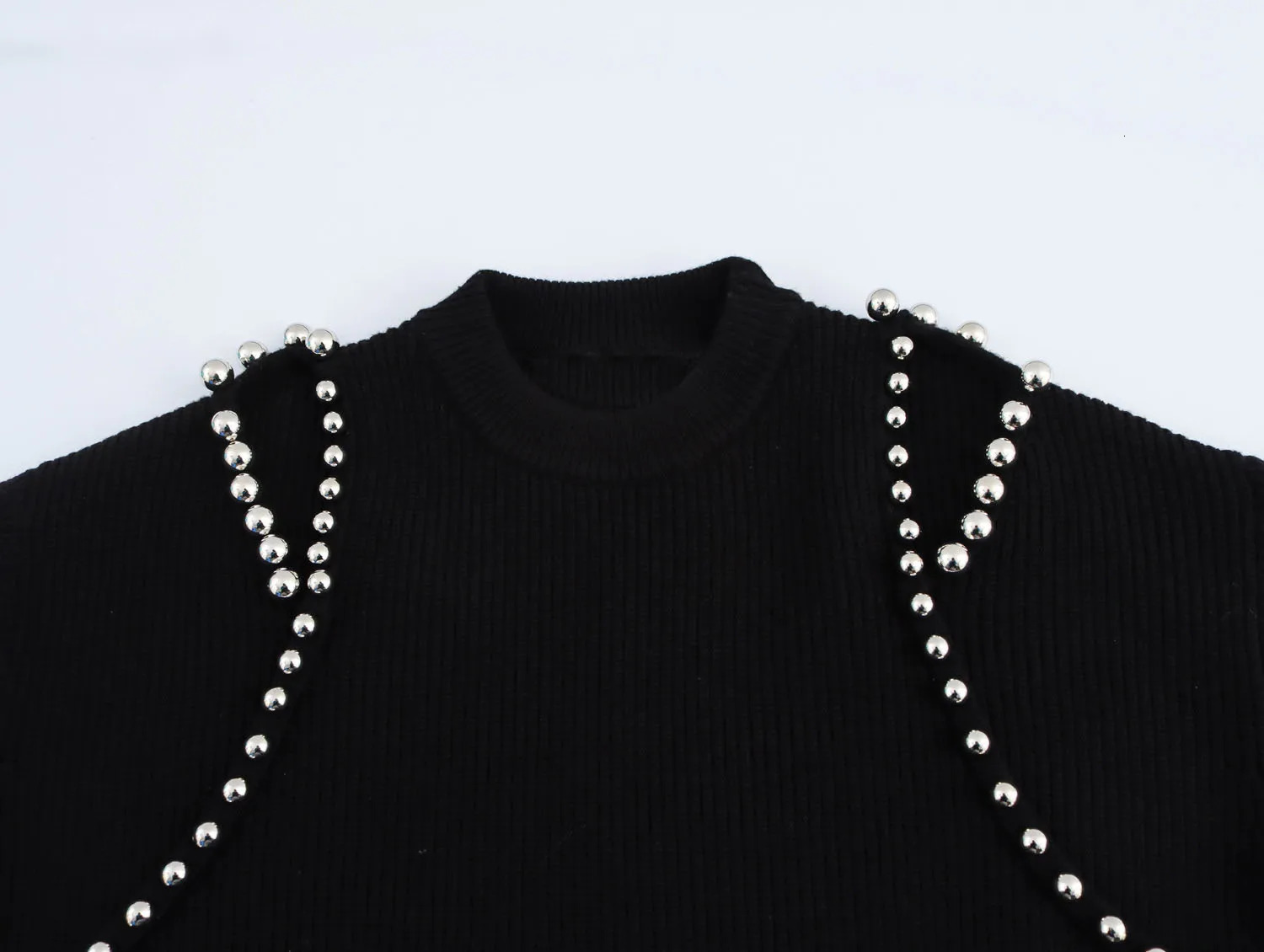 DEEABAE Korean Style Womens Clothing Heavy Black Pearl Off-shoulder Top Short Style Small Knitwea Pullovers 250708