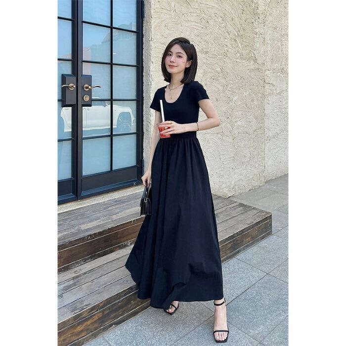Hepburn Style Black Short Sleeve Summer New French High-End Waist-Cinching Slimming Over-Knee Long Dress B5