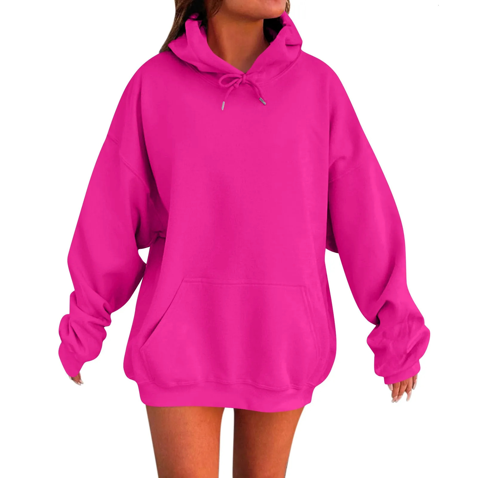 2024 Womens Long Sleeve Oversized Autumn Drop Shoulder Sleeves Hooded Plush Solid Loose Casual Sweatshirt 250707