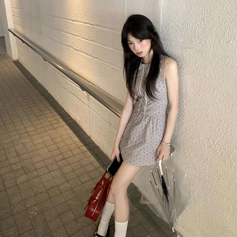 French Floral Sleeveless Vest For Women New Summer Waist-Cinching Slimming Beach Vacation Elegant Short Dress B5