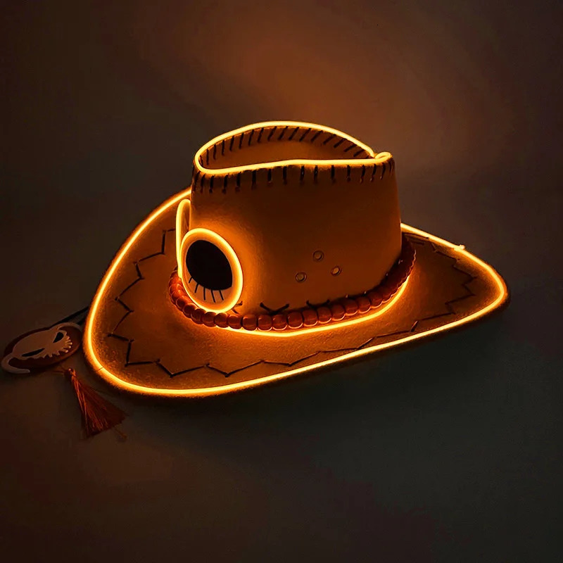 Glowing Firefist Ace pirate hat yellow luminous Portgas D costume neon cowboy for Halloween cosplay anime lovers 250704
