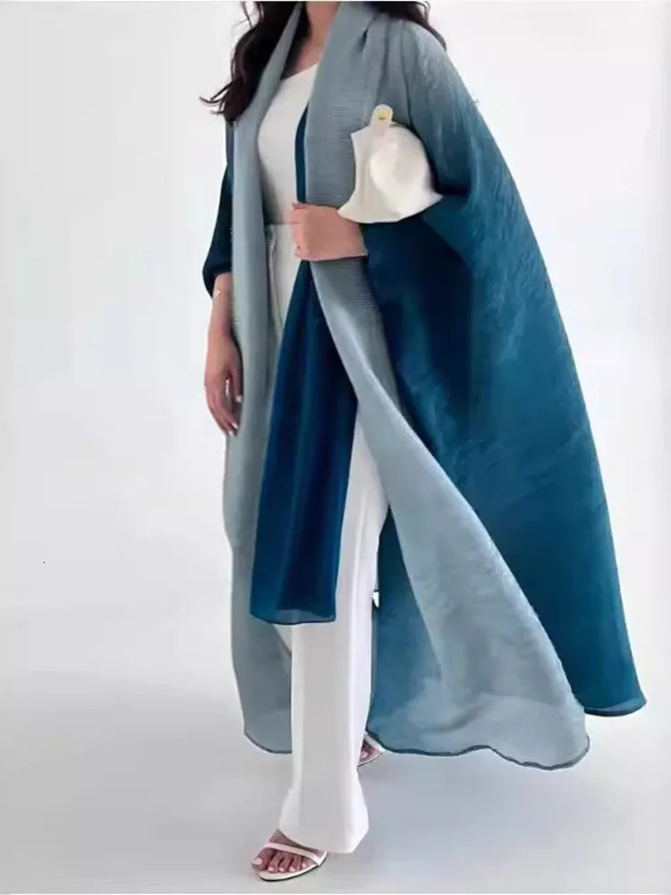 Fashion Gradient Pleated Many Colors Long Coat Women Belt Gathered Waist Loose Party Windbreaker Elegant Clothing 250708