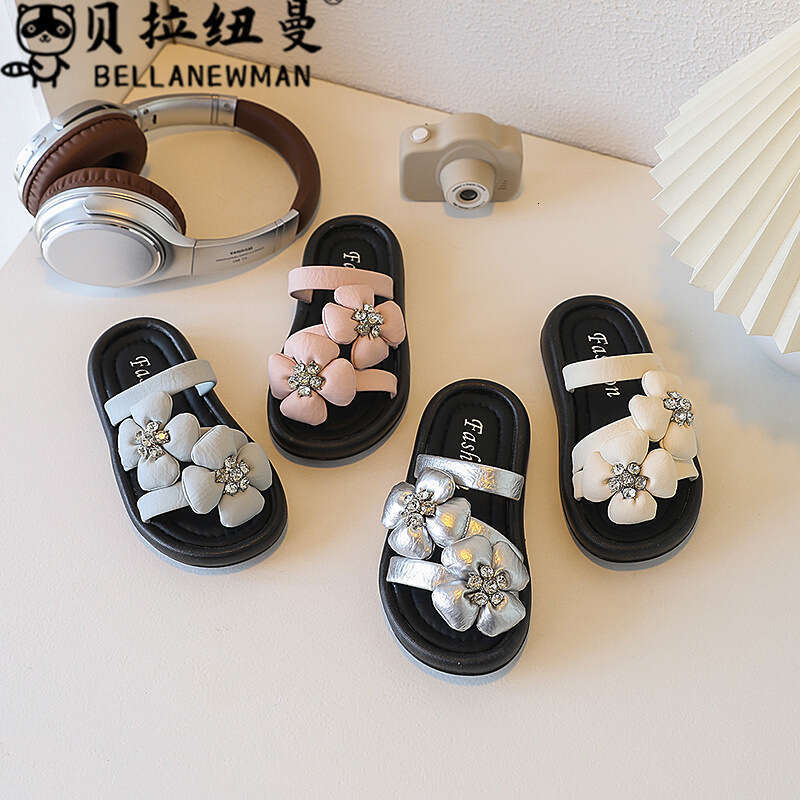 Choice Children's French Style Floral One-Strap Sandals 2025 Summer New Thick-Soled Rhinestone Slippers for Girls