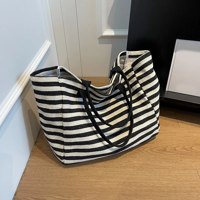 Casual Striped Canvas Bag For Women Large Capacity Shoulder Bag Daily Shopping Student Bookbag for School Travel Beach Bag 250704