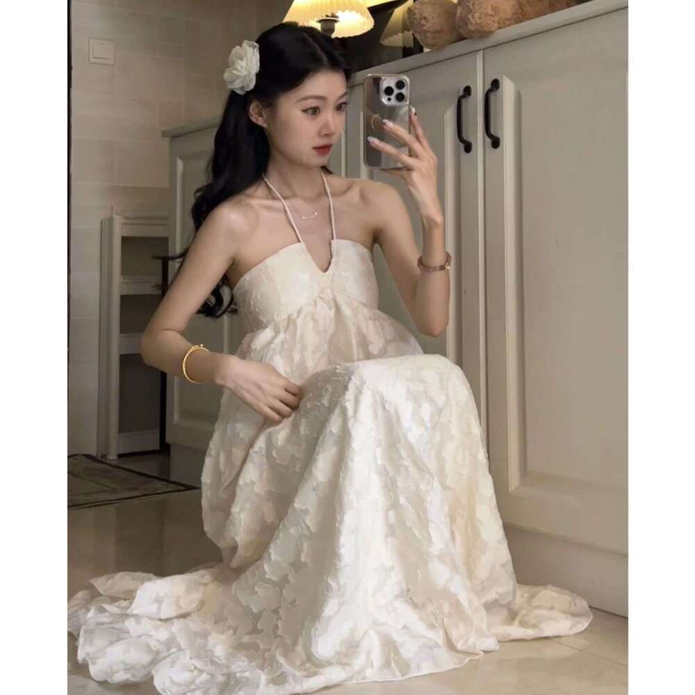 French Style Halter Neck For Women Summer Beach Photoshoot Vacation Backless Long Loose Slimming A-Line Dress B5