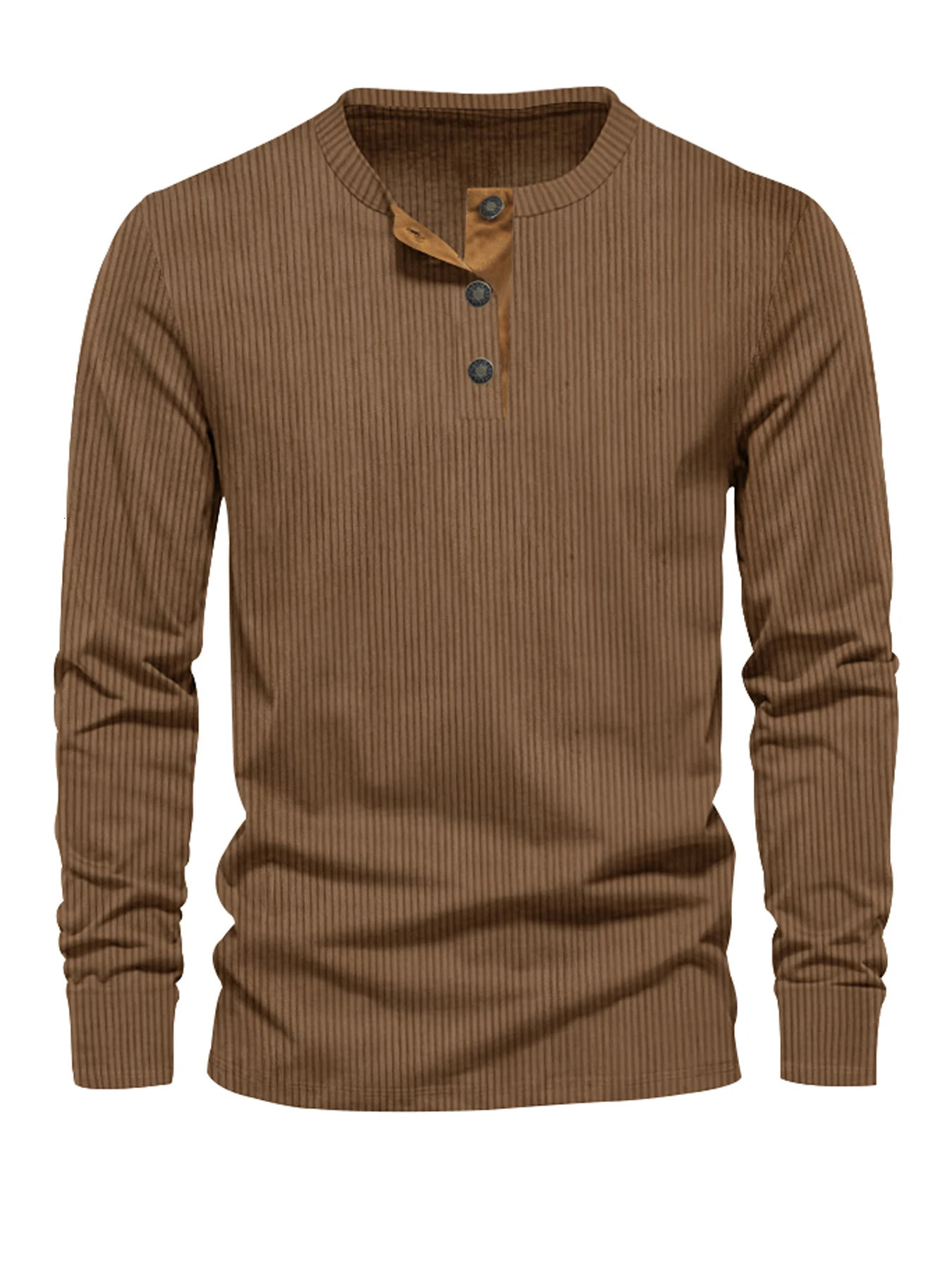 2024 Spring and Autumn Crossborder Mens Independent Station Corduroy Casual Henry Slim Solid Color Long Sleeve TShirt 250707