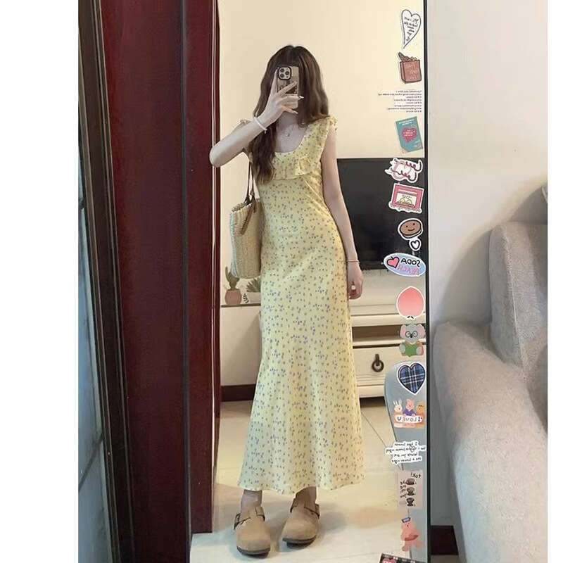 French Sweet Blue Polka Dot For Women Summer New Elegant Waist-Cinching Small Flutter Sleeve Mermaid Long Dress B5