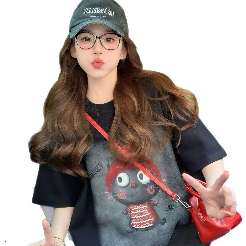 100% Cotton Cartoon Cat Print Round Neck Short Sleeve T-Shirt For Women Summer New Loose Casual Versatile Youthful Top Trendy B5