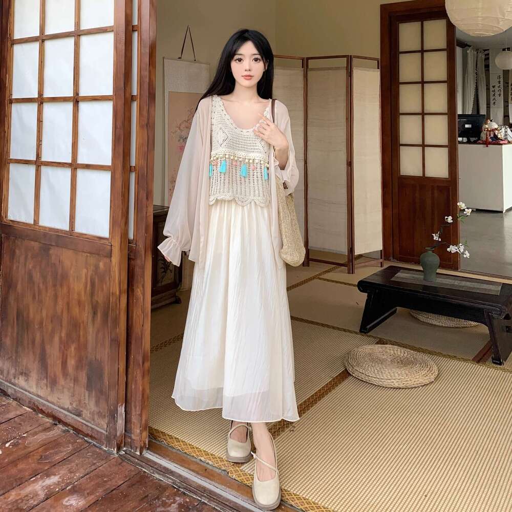 Plus Size Gentle Style Chiffon Half Skirt Slimming Suit For Women Summer Outfit Vest Sun Protection Cardigan Three-Piece Set B5