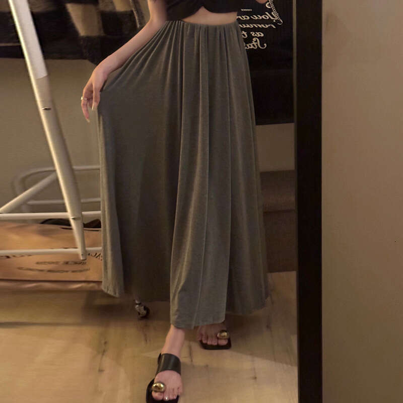 Black High-Waisted For Women Summer New Style Petite Slimming Draped A-Line Flared Midi Skirt B5