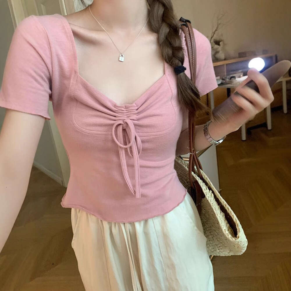 Pure Desire Style Hot Girl Square Neck Regular Shoulder Sleeve T-Shirt For Women With Unique Design Slim Fit Short Top B5