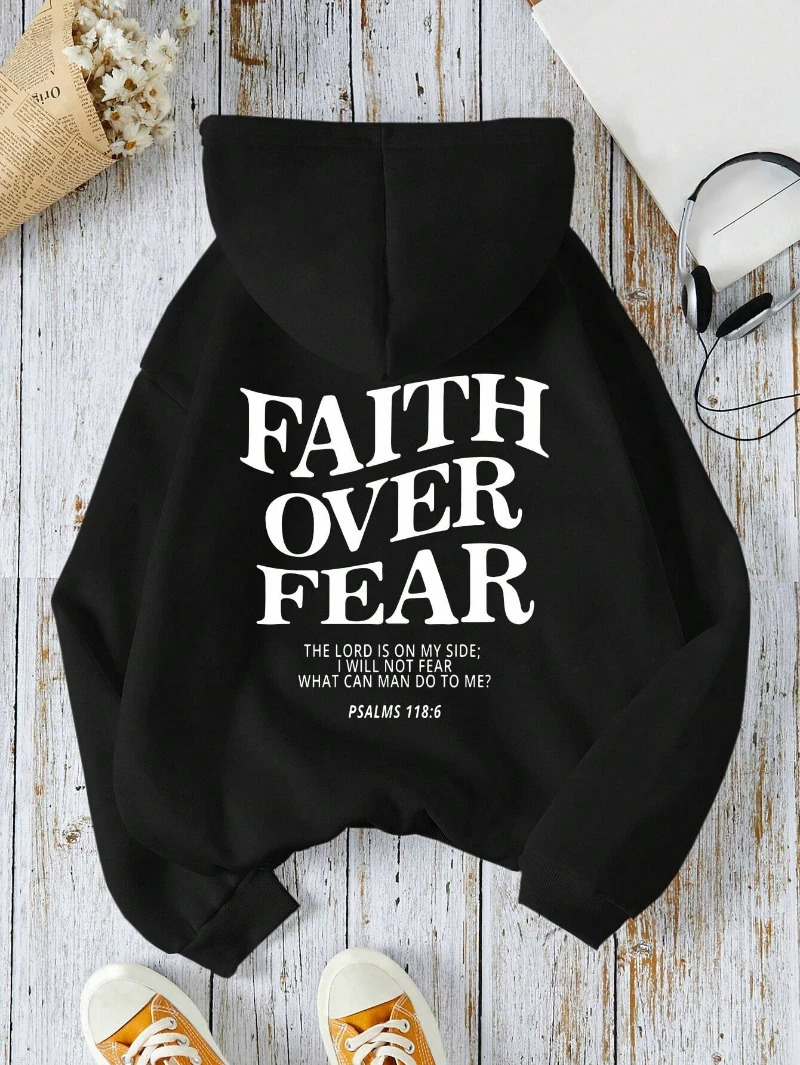 Casual Womens Hoodies Faith Over Fear Letter Printing Sweatshirts Fleece Warm Comfortable Pocket Pullovers Autumn Streetwear 250707