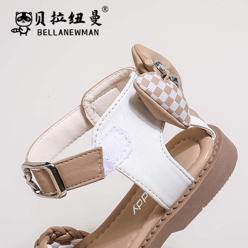 Children's Woven 2024 Summer New Girls' Fashion Bow Soft Sole Princess Roman Sandals