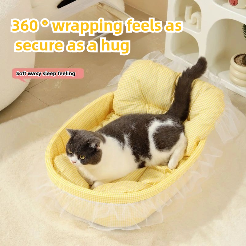 All year round universal pet bed: reversible mats for winter and summer, decorated with cute ruffles