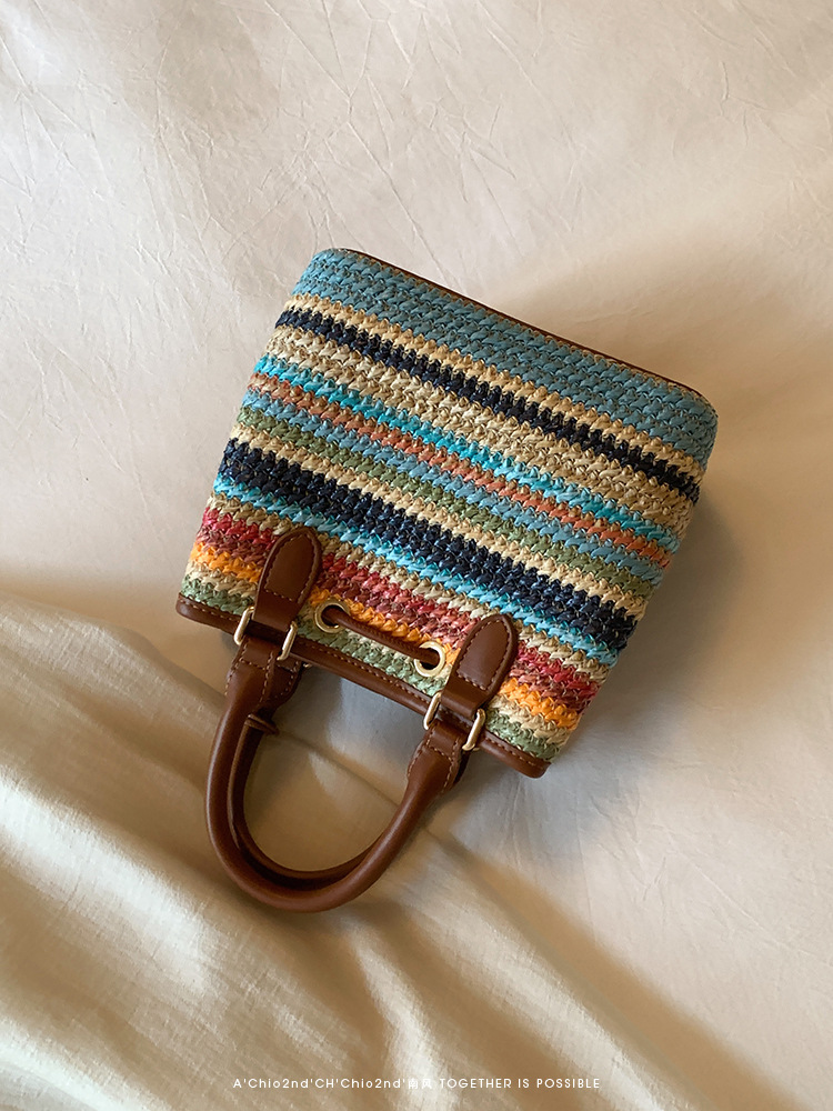 2025 New Women's Rainbow Candy Jar Bucket Bag - Woven Bag Handheld Single - Shoulder and Cross - Body Bag