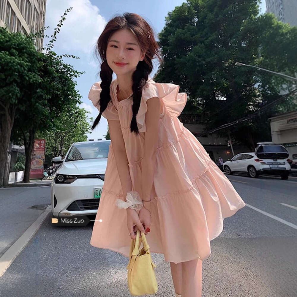 Sweet Gentle Pink Flutter Sleeve Women Summer New Loose Slimming A-Line Short Dress For Petite Figures B5