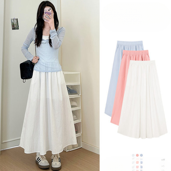 2025 New women's skirt, new summer high waisted A-line slim fit pleated umbrella pleated long skirt, new solid color minimalist style designer sk