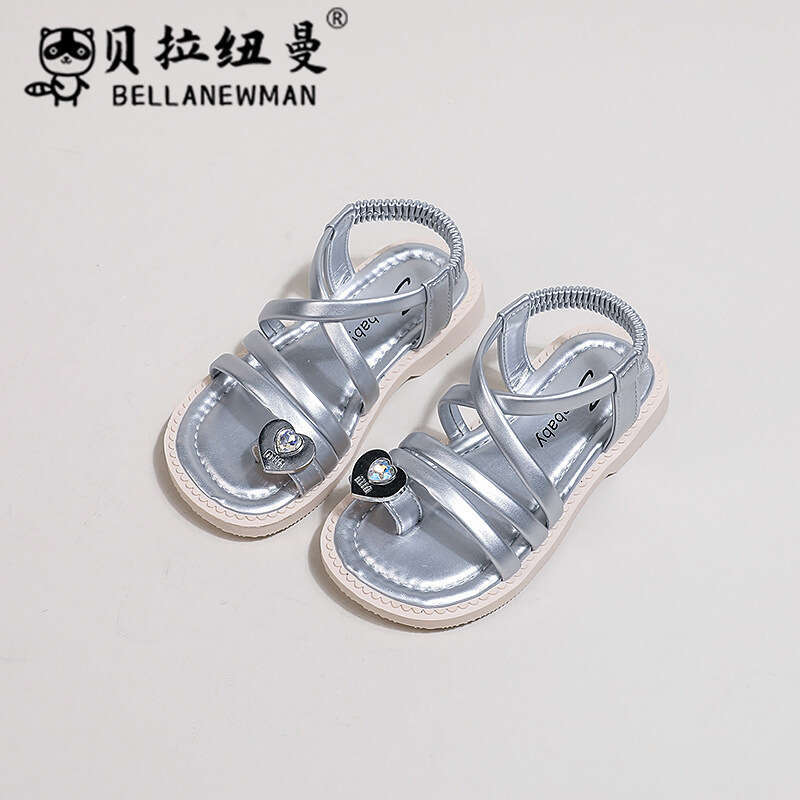 Bella Newman Girls' Toe Ring 2024 Summer New Children's Rhinestone Fashion Princess Sandals Beach Shoes