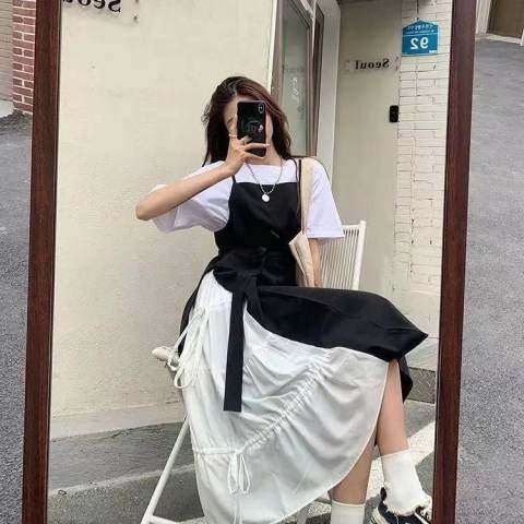 And White Patchwork Two-Piece Set For Women Gentle Streetwear Summer French Style Strap Little Black Dress B5