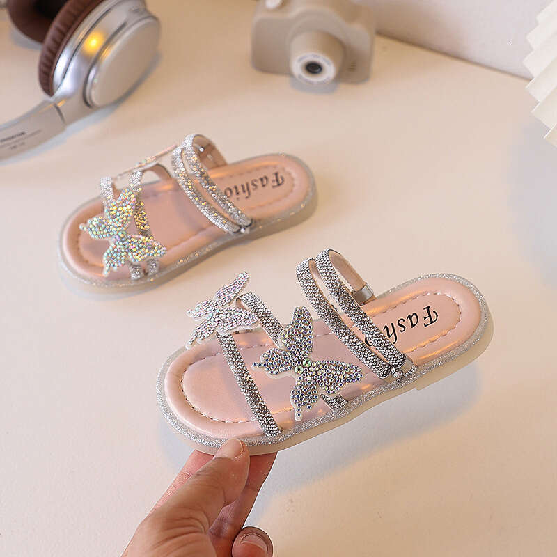 Children's Rhinestone French Style One-Strap Sandals 2025 Summer New Fashion Bowknot Fairy Slippers for Girls