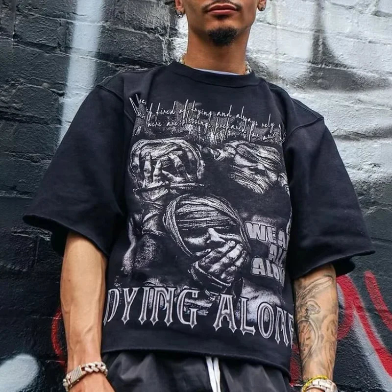 We Are All Alone Abstract Human Face Graphics Printed Cotton TShirt Men Y2K Short Sleeves Oversize Tshirt Streetwear Women Tops 250704