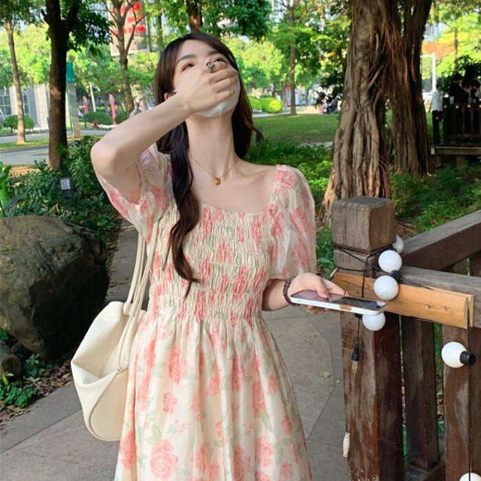 French Style Ins Super Fairy Student New Spring Summer High-End Floral Hot Girl Dress Gentle B5
