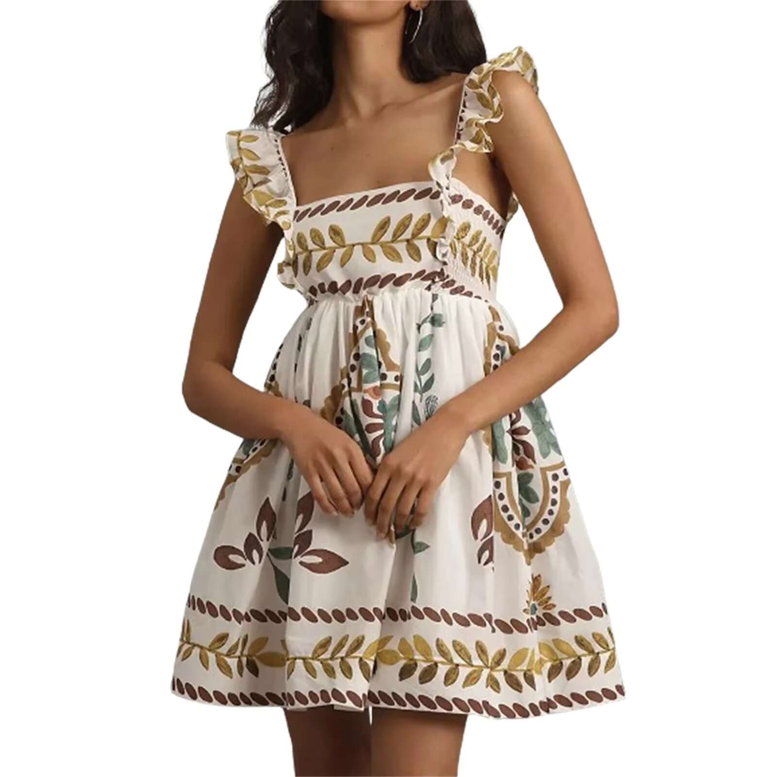 Womens Bohemian Mini A-Line Fashion Sweet Ruffle Sleeveless Square Neck Short Flowy Beach Dress dongdumaoyi
