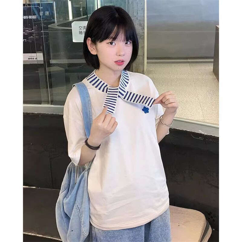 Pure Cotton Korean White Short Sleeve T-Shirt For Women Summer New Design Loose Casual Petite Top College Style B5