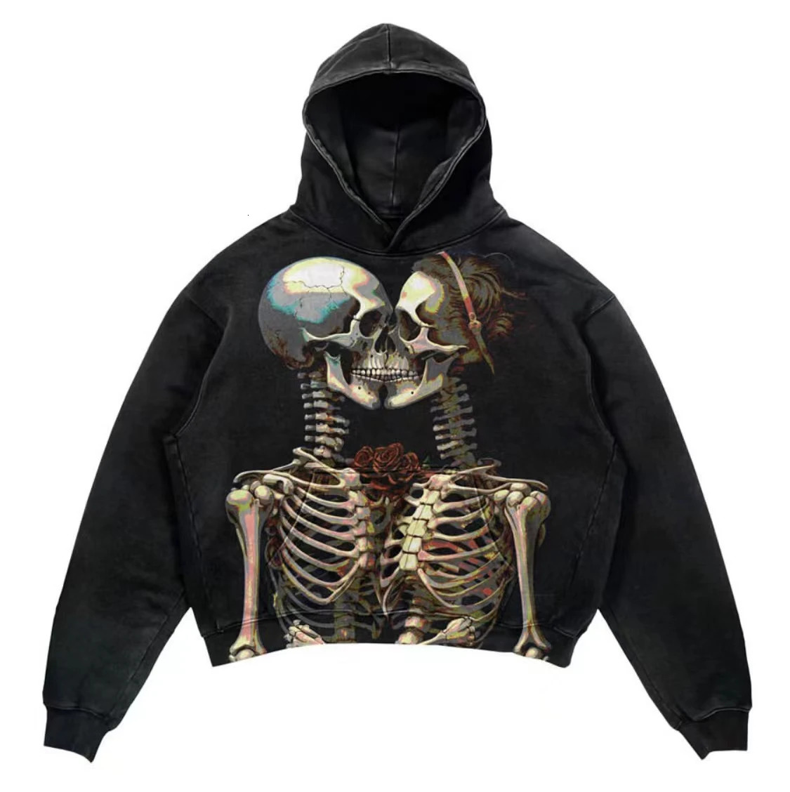 Retro hooded sweatshirt skull print flame Y2K retro hooded pullover jacket street style goth casual fashion mens Harajuku top 250709